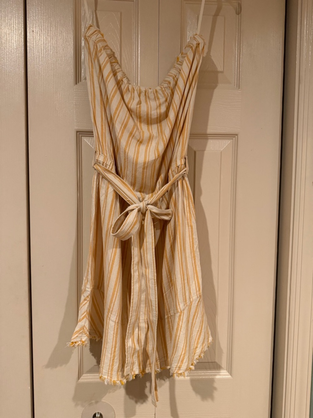 cloth & stone Yellow and White Striped Sundress Strapless Belted Waist